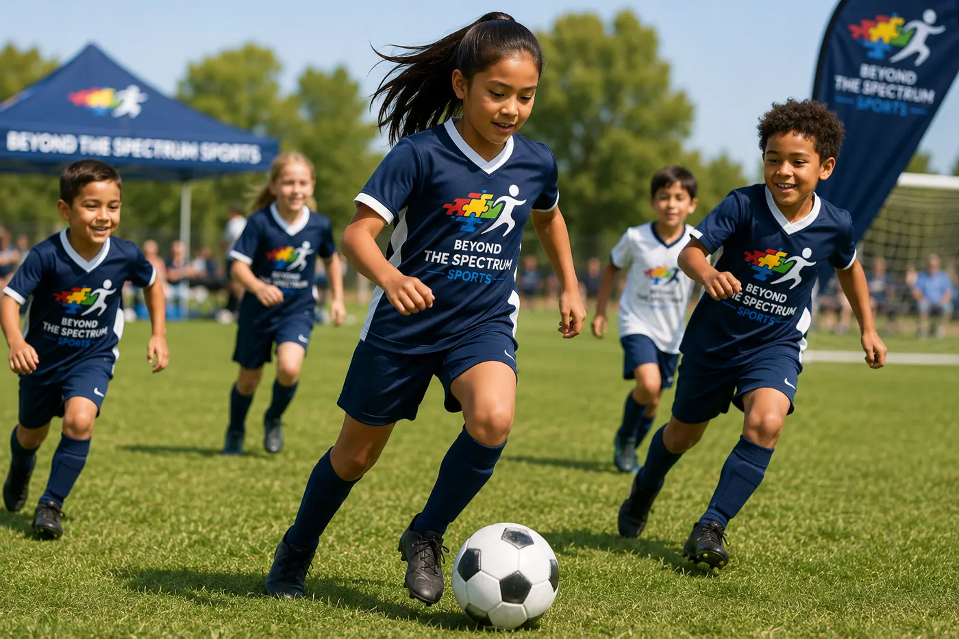 Kids in navy Beyond the Spectrum Sports jerseys running after a soccer ball